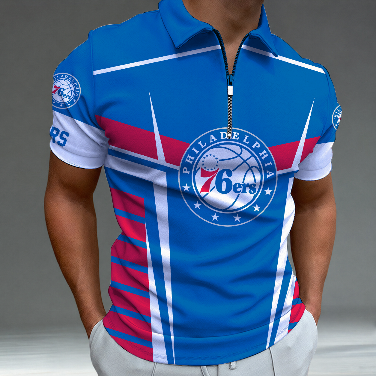 [HOT DEAL] NEW CUSTOMIZED NBA26 P76 PHILADELPHIA 76ERS ZIP POLO SHIRT