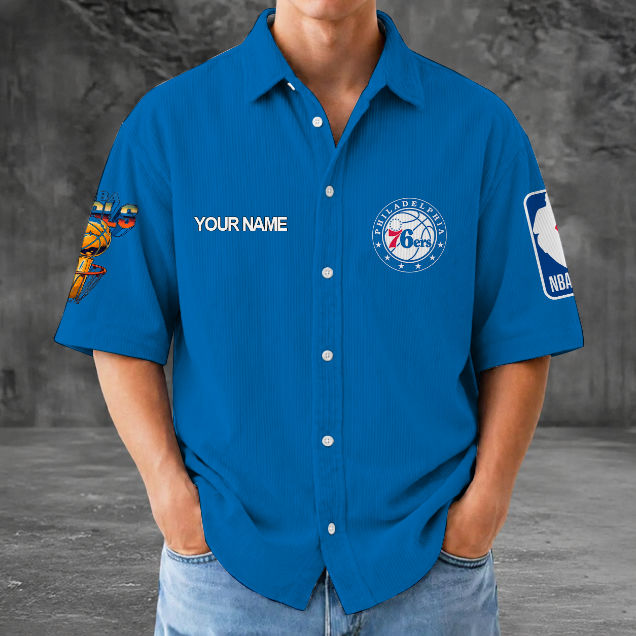 [HOT DEAL] NEW CUSTOMIZED NBA26 P76 PHILADELPHIA 76ERS SEERSUCKER BUTTON SHIRT