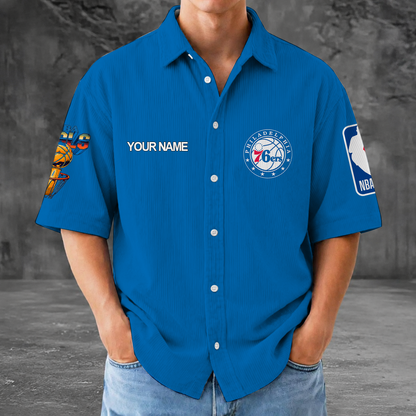[HOT DEAL] NEW CUSTOMIZED NBA26 P76 PHILADELPHIA 76ERS SEERSUCKER BUTTON SHIRT