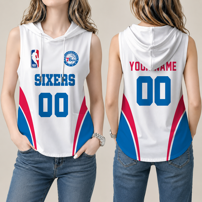 [HOT DEAL] NEW CUSTOMIZED NBA26 P76 PHILADELPHIA 76ERS  WOMEN'S SLEEVELESS HOODED POCKET TANK TOP