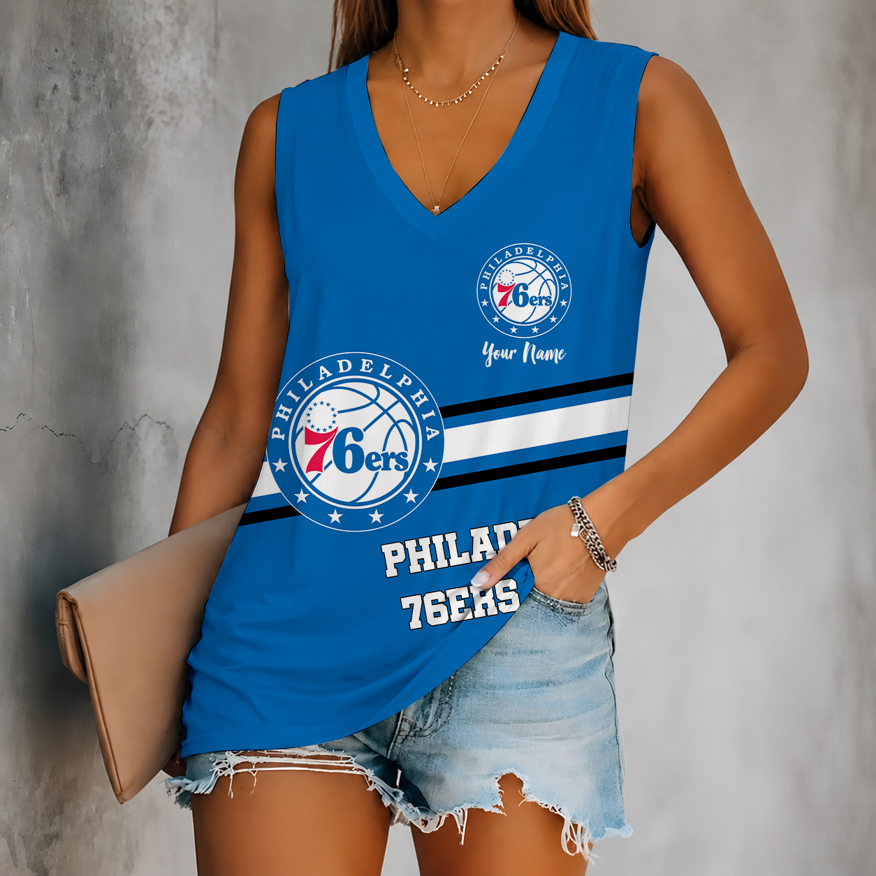 [HOT DEAL] NEW CUSTOMIZED NBA26 P76 PHILADELPHIA 76ERS WOMEN'S V-NECK TANK TOP