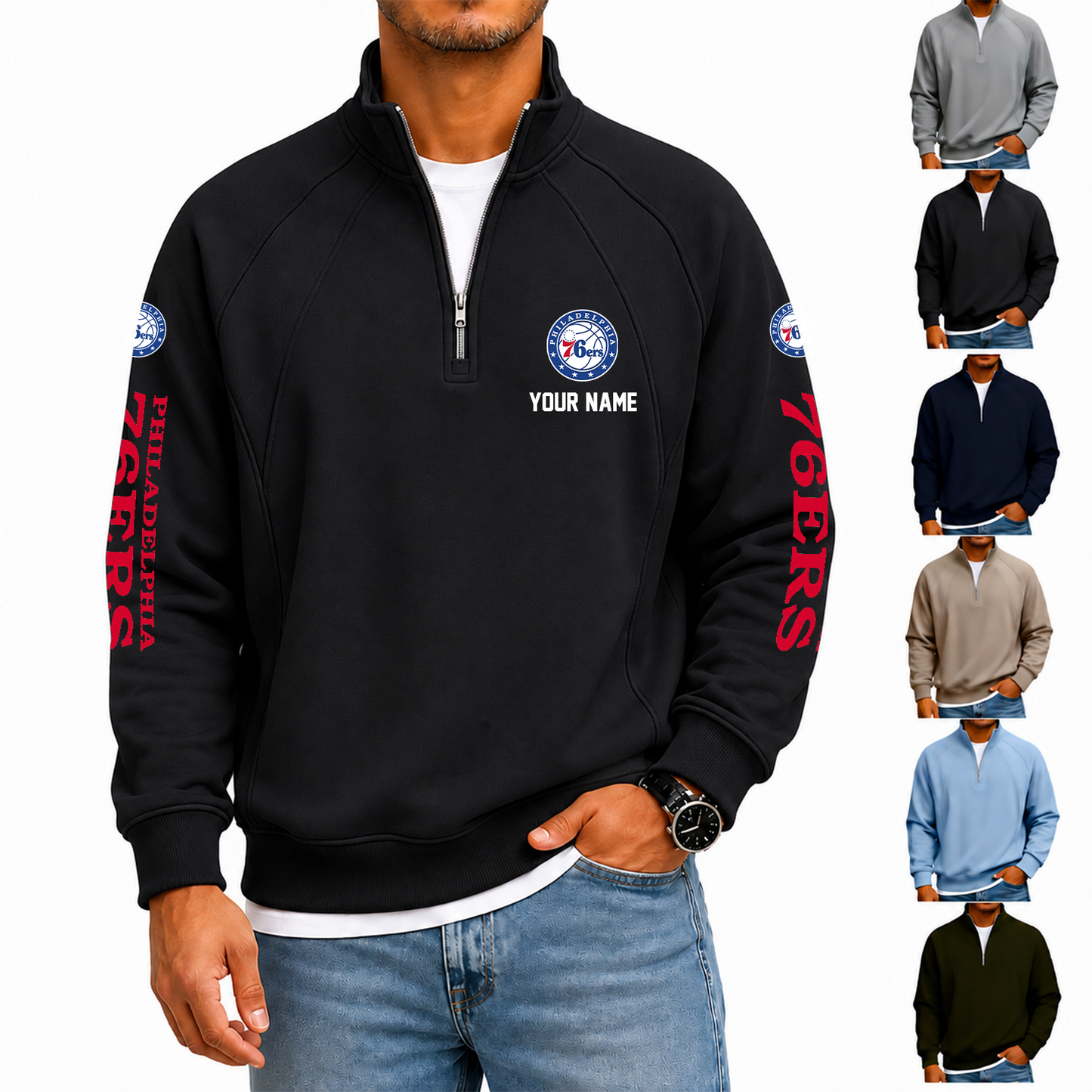[HOT DEAL] NEW CUSTOMIZED NBA26 P76 PHILADELPHIA 76ERS  MEN'S QUARTER ZIP PULLOVER