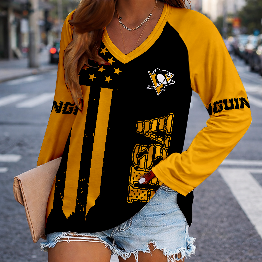 LIMITED EDITION - NEW CUSTOMIZED NHL26 PBP PITTSBURGH PENGUINS WOMEN'S V-NECK LONG SLEEVED SHIRT
