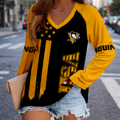 LIMITED EDITION - NEW CUSTOMIZED NHL26 PBP PITTSBURGH PENGUINS WOMEN'S V-NECK LONG SLEEVED SHIRT