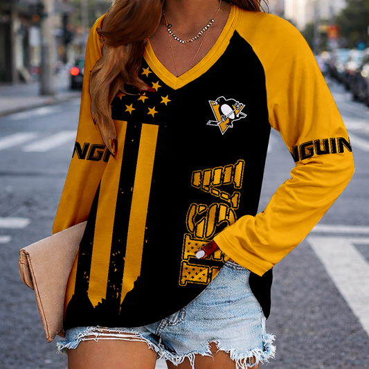 LIMITED EDITION - NEW CUSTOMIZED NHL26 PBP PITTSBURGH PENGUINS WOMEN'S V-NECK LONG SLEEVED SHIRT