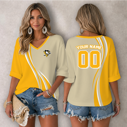 LIMITED EDITION - NEW CUSTOMIZED NHL26 PBP PITTSBURGH PENGUINS WOMEN'S HEART V-NECK LONG SLEEVE SHIRT