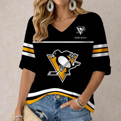 LIMITED EDITION - NEW CUSTOMIZED NHL26 PBP PITTSBURGH PENGUINS WOMEN'S HEART V-NECK LONG SLEEVE SHIRT