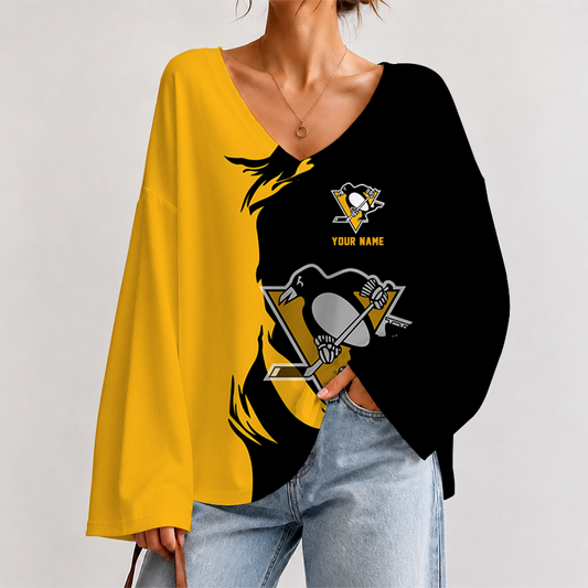 [SUPER SALE] NEW CUSTOMIZED NHL26 PBP PITTSBURGH PENGUINS V-NECK LONG SLEEVED CROP TOP