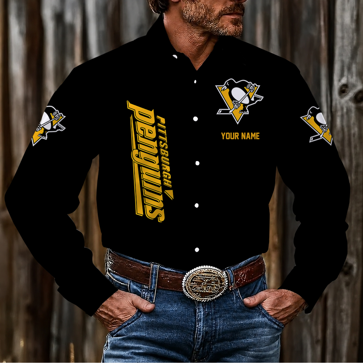 LIMITED EDITION - NEW CUSTOMIZED NHL26 PBP PITTSBURGH PENGUINS MEN'S LONG SLEEVE BUTTON-UP SHIRT