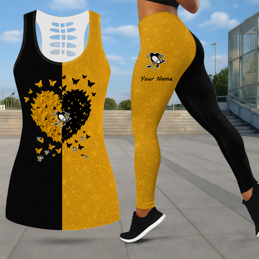 LIMITED EDITION - NEW CUSTOMIZED NHL26 PBP PITTSBURGH PENGUINS LEGGINGS & HOLLOW TANK TOP SET
