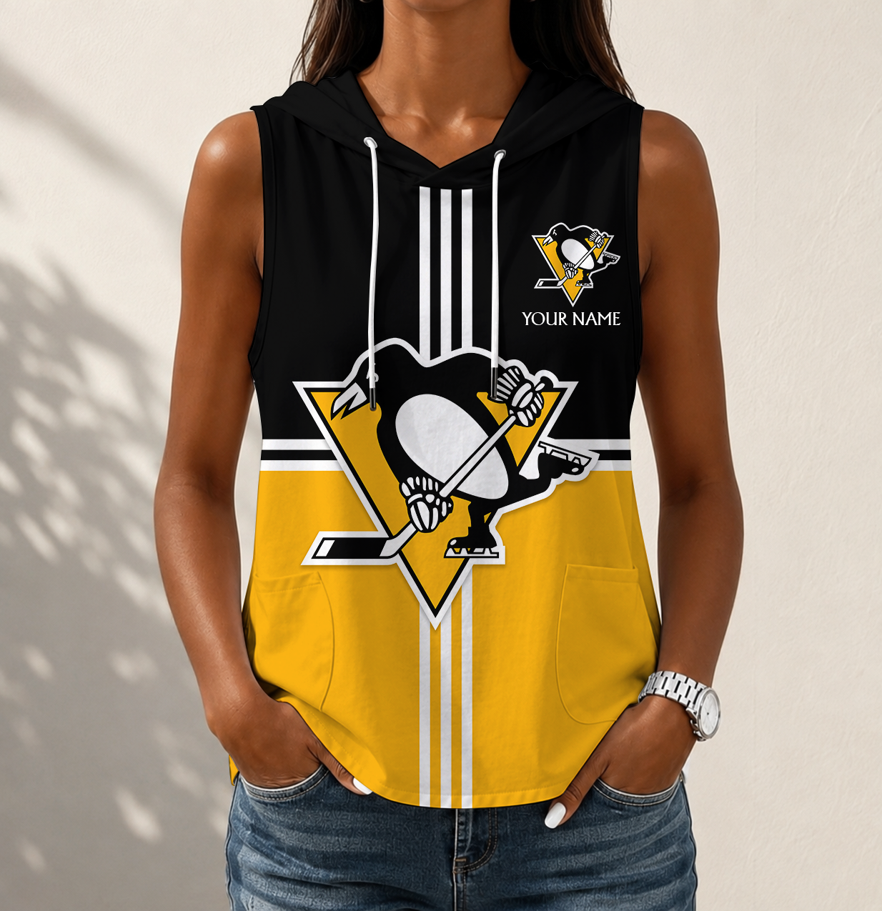 VIRAL EDITION - NEW CUSTOMIZED NHL26 PBP PITTSBURGH PENGUINS WOMEN'S SLEEVELESS HOODED POCKET TANK TOP