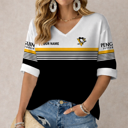 SPECIAL EDITION - NEW CUSTOMIZED NHL26 PBP PITTSBURGH PENGUINS WOMEN'S HEART V-NECK LONG SLEEVE SHIRT