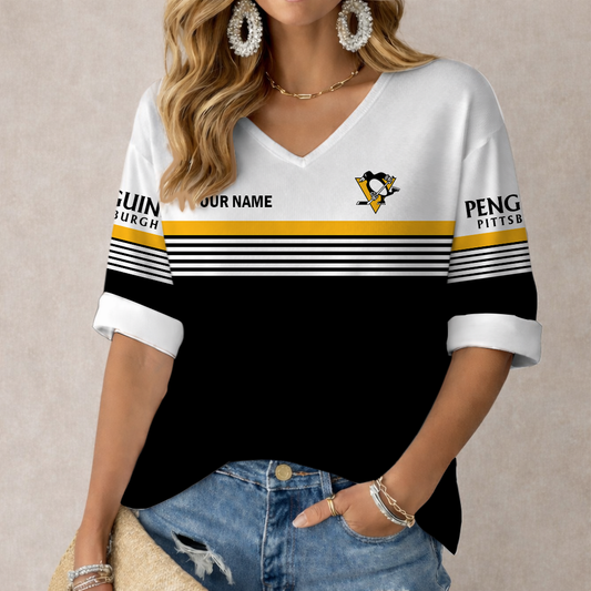 SPECIAL EDITION - NEW CUSTOMIZED NHL26 PBP PITTSBURGH PENGUINS WOMEN'S HEART V-NECK LONG SLEEVE SHIRT