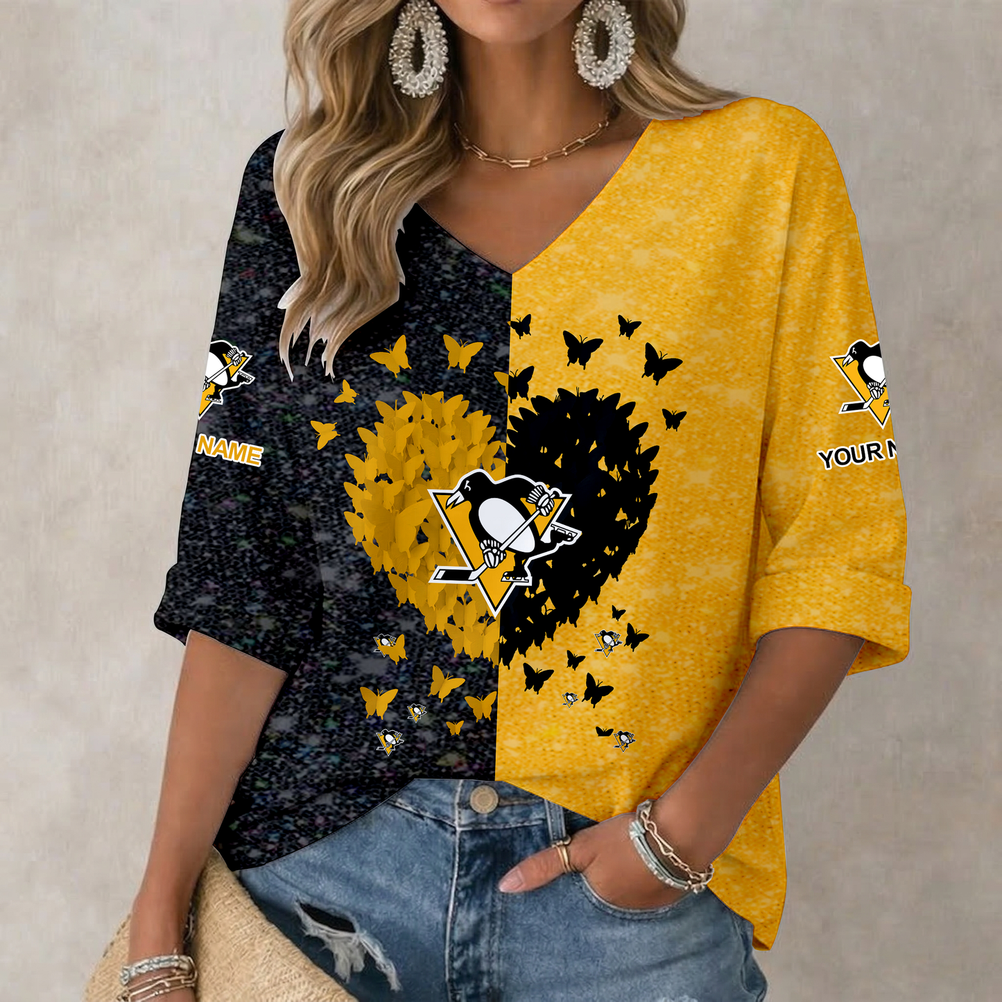 LIMITED EDITION - NEW CUSTOMIZED NHL26 PBP PITTSBURGH PENGUINS WOMEN'S HEART V-NECK LONG SLEEVE SHIRT