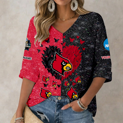 LIMITED EDITION - NEW CUSTOMIZED NCAA CWS26 ULC LOUISVILLE CARDINALS WOMEN'S HEART V-NECK LONG SLEEVE SHIRT