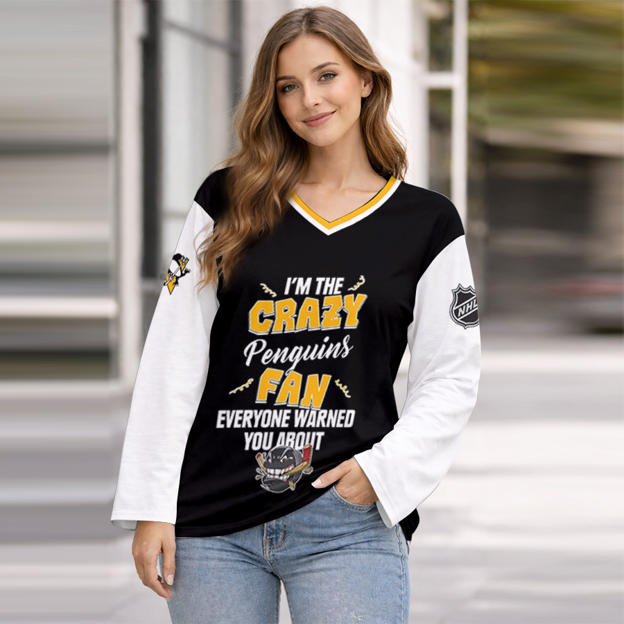 LIMITED EDITION - NEW CUSTOMIZED NHL26 PBP PITTSBURGH PENGUINS WOMEN'S HEART V-NECK LONG SLEEVE SHIRT