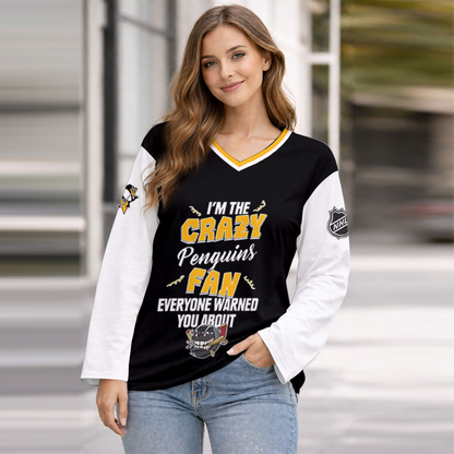LIMITED EDITION - NEW CUSTOMIZED NHL26 PBP PITTSBURGH PENGUINS WOMEN'S HEART V-NECK LONG SLEEVE SHIRT