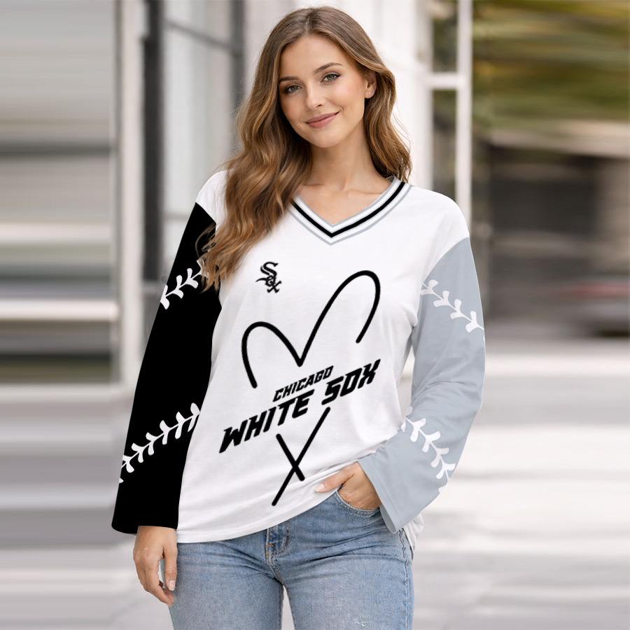 LIMITED EDITION - NEW CUSTOMIZED MLB26 CWS CHICAGO WHITE SOX WOMEN'S HEART V-NECK LONG SLEEVE SHIRT