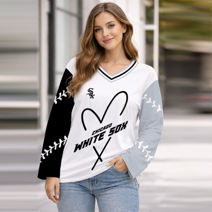 LIMITED EDITION - NEW CUSTOMIZED MLB26 CWS CHICAGO WHITE SOX WOMEN'S HEART V-NECK LONG SLEEVE SHIRT