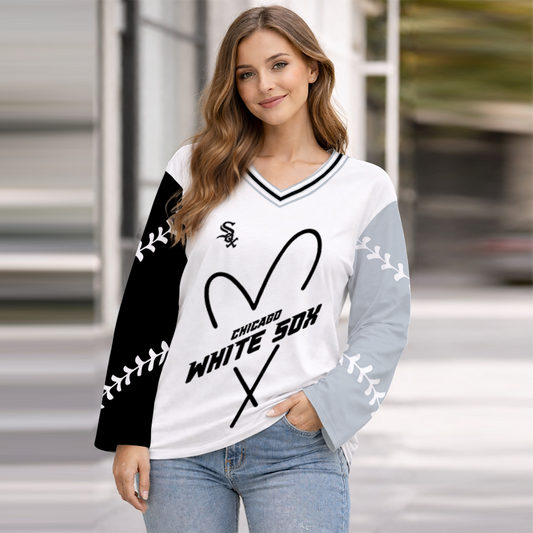 LIMITED EDITION - NEW CUSTOMIZED MLB26 CWS CHICAGO WHITE SOX WOMEN'S HEART V-NECK LONG SLEEVE SHIRT