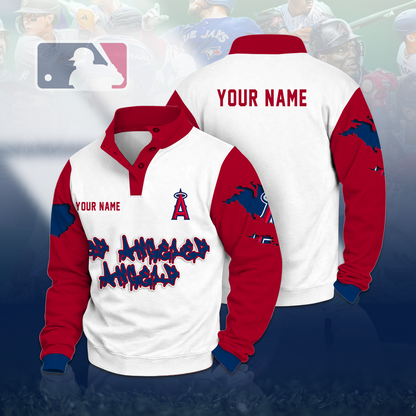 LIMITED EDITION - NEW CUSTOMIZED MLB27 LAA LOS ANGELES ANGELS BUTTON QUARTER PLACKET SWEATSHIRT