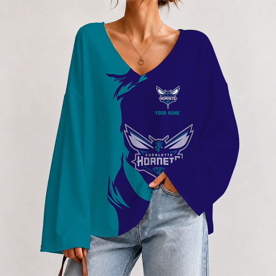 [HOT DEAL] NEW CUSTOMIZED NBA27 CHO CHARLOTTE HORNETS V-NECK LONG SLEEVED CROP TOP