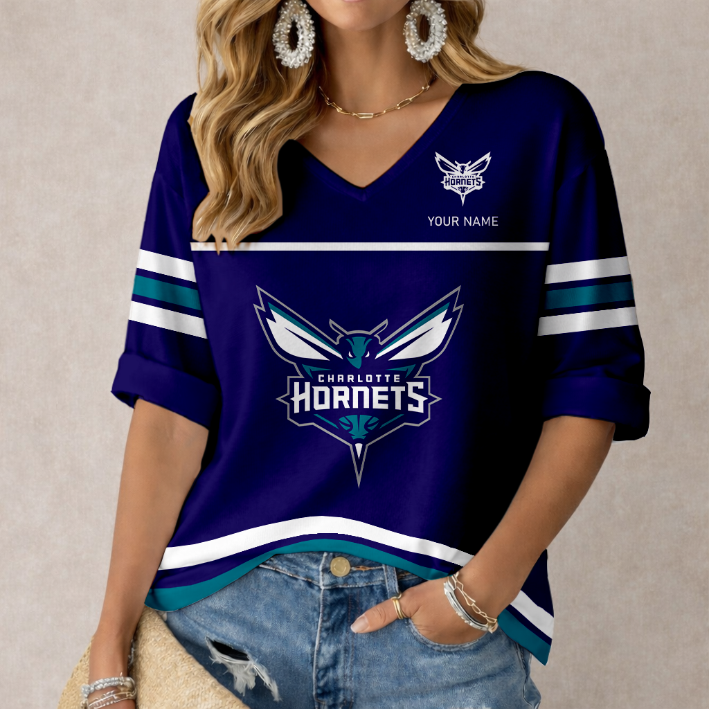 LIMITED EDITION - NEW CUSTOMIZED NBA27 CHO CHARLOTTE HORNETS WOMEN'S HEART V-NECK LONG SLEEVE SHIRT