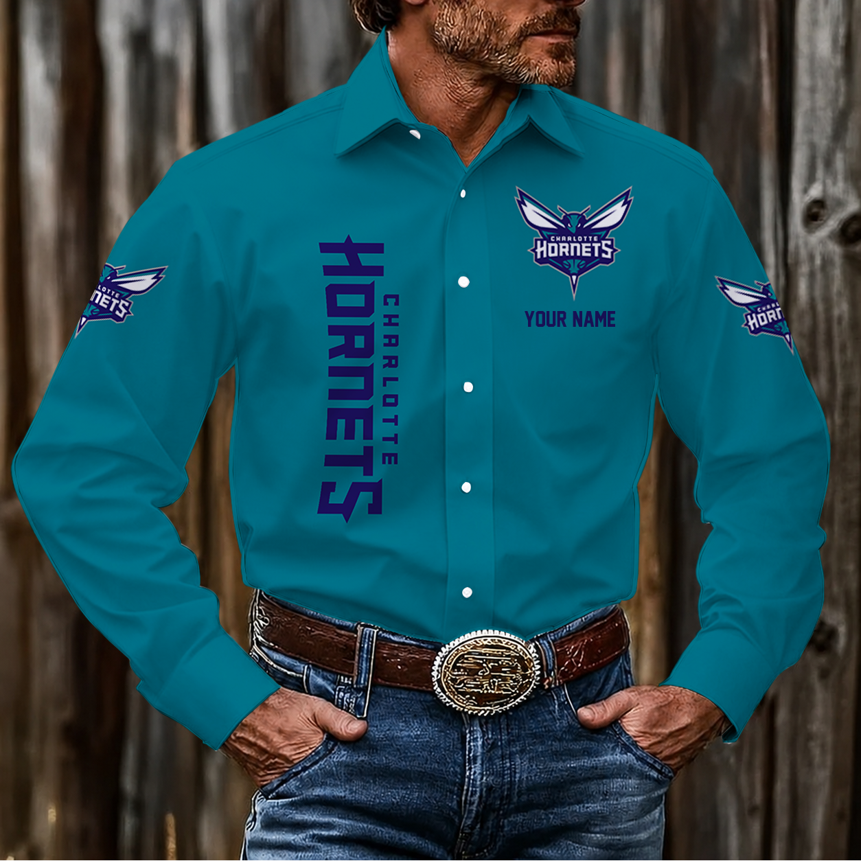 LIMITED EDITION - NEW CUSTOMIZED NBA27 CHO CHARLOTTE HORNETS MEN'S LONG SLEEVE BUTTON-UP SHIRT