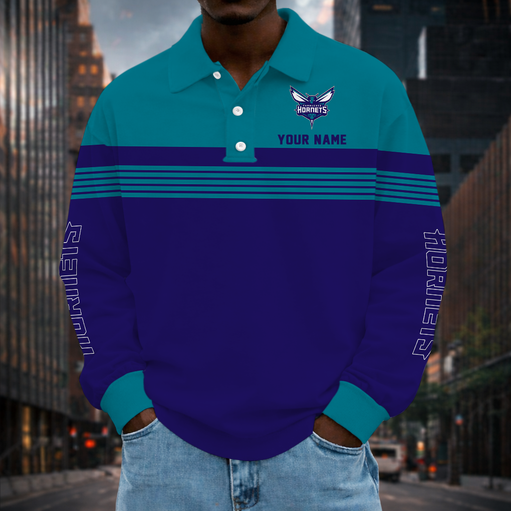 ELITE EDITION - NEW CUSTOMIZED NBA27 CHO CHARLOTTE HORNETS MEN LONG SLEEVE POLO