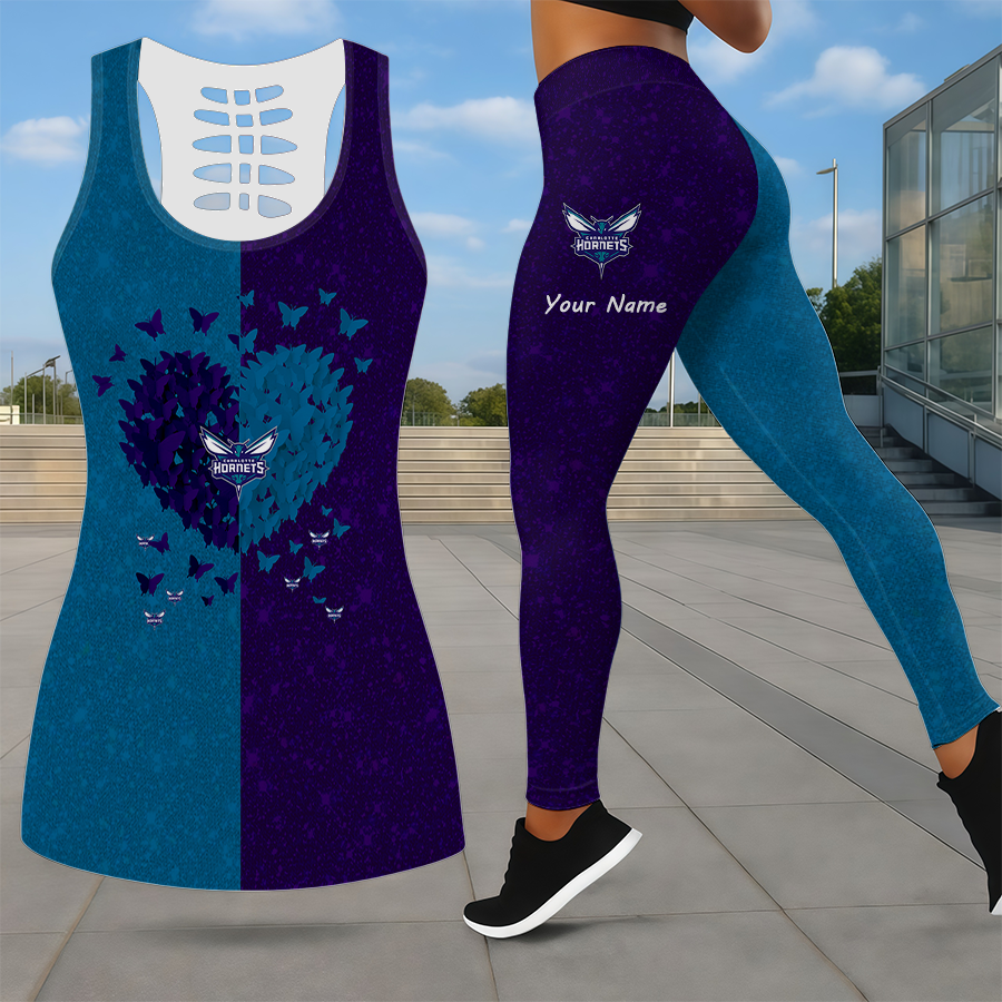 LIMITED EDITION - NEW CUSTOMIZED NBA27 CHO CHARLOTTE HORNETS LEGGINGS & HOLLOW TANK TOP SET