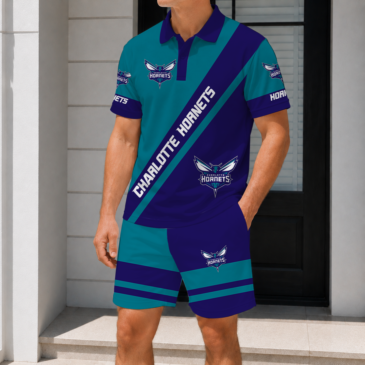 LIMITED EDITION - NEW CUSTOMIZED NBA27 CHO CHARLOTTE HORNETS POLO SHIRT & SHORT PANTS SET
