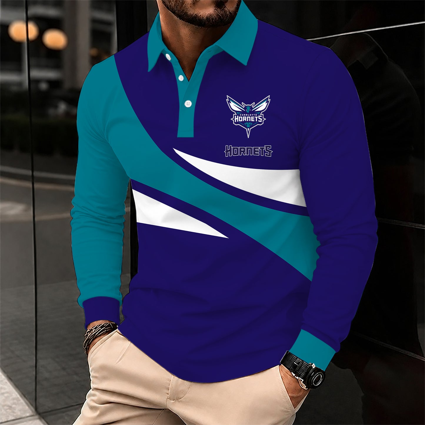 [HOT DEAL] NEW CUSTOMIZED NBA27 CHO CHARLOTTE HORNETS MEN LONG SLEEVE POLO