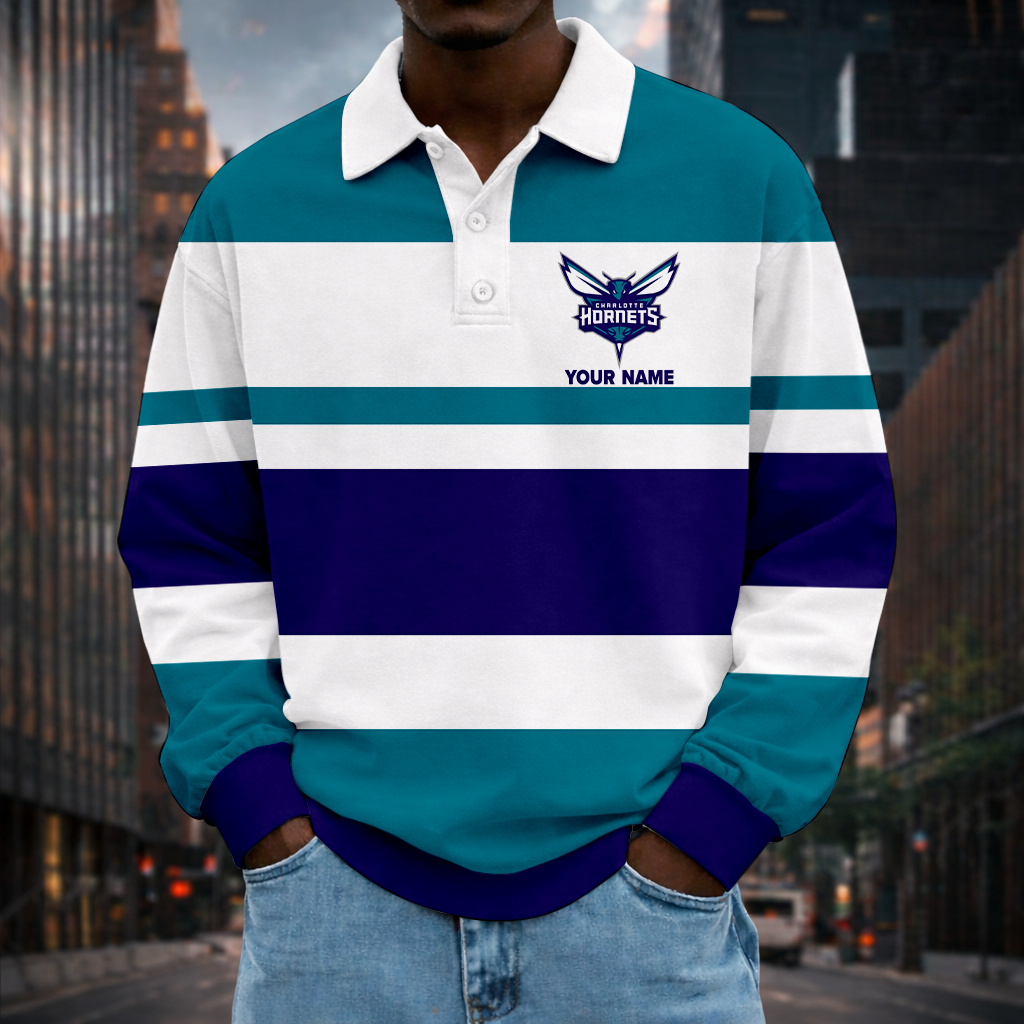 LIMITED EDITION - NEW CUSTOMIZED NBA27 CHO CL HORNETS MEN LONG SLEEVE POLO