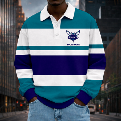 LIMITED EDITION - NEW CUSTOMIZED NBA27 CHO CL HORNETS MEN LONG SLEEVE POLO