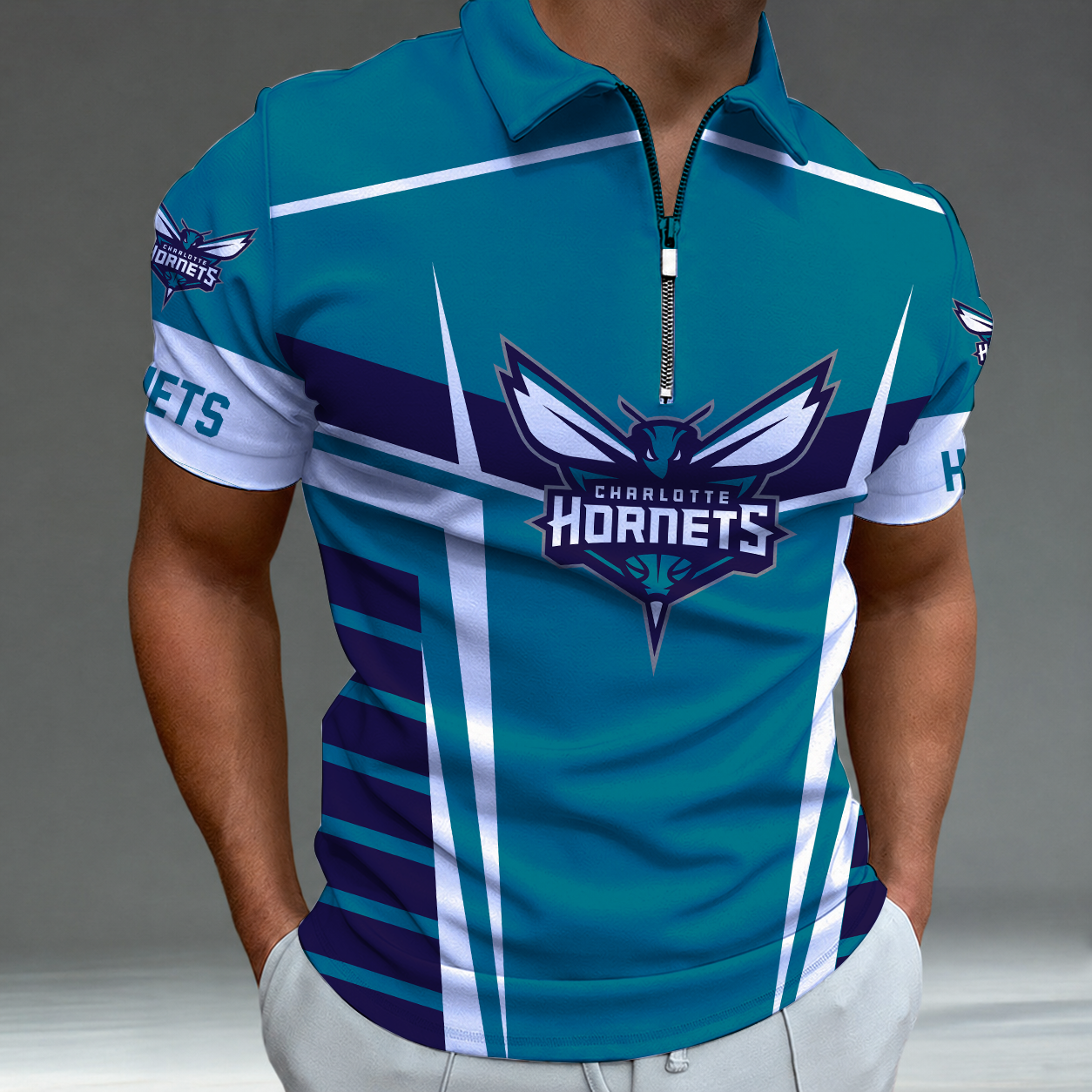 [HOT DEAL] NEW CUSTOMIZED NBA27 CHO CHARLOTTE HORNETS ZIP POLO SHIRT