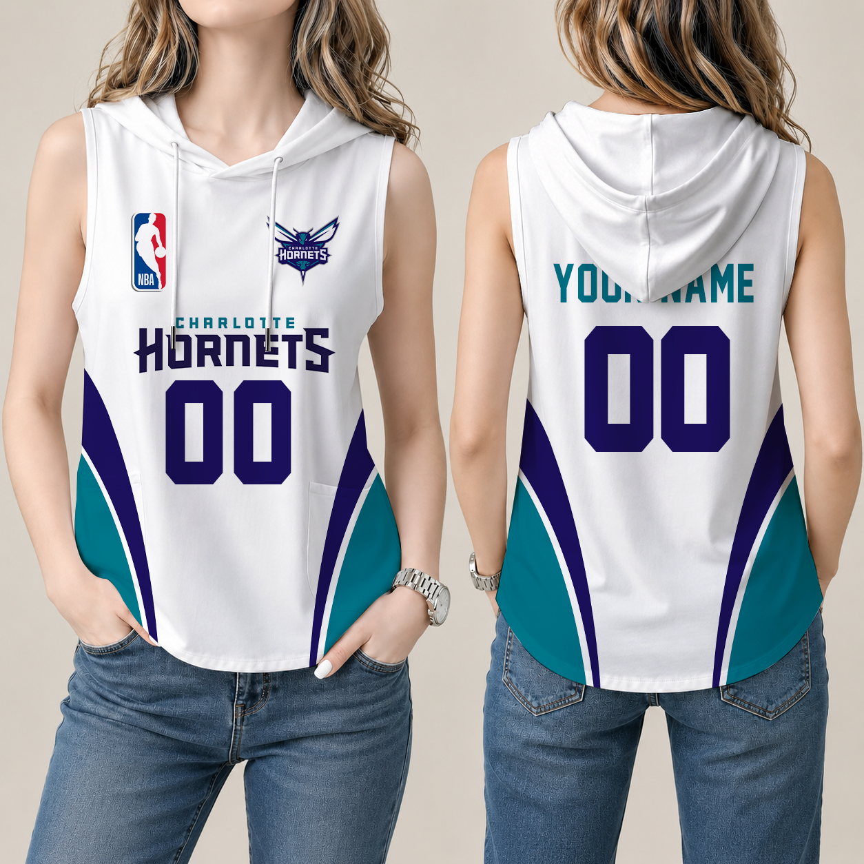 [HOT DEAL] NEW CUSTOMIZED NBA27 CHO CHARLOTTE HORNETS  WOMEN'S SLEEVELESS HOODED POCKET TANK TOP