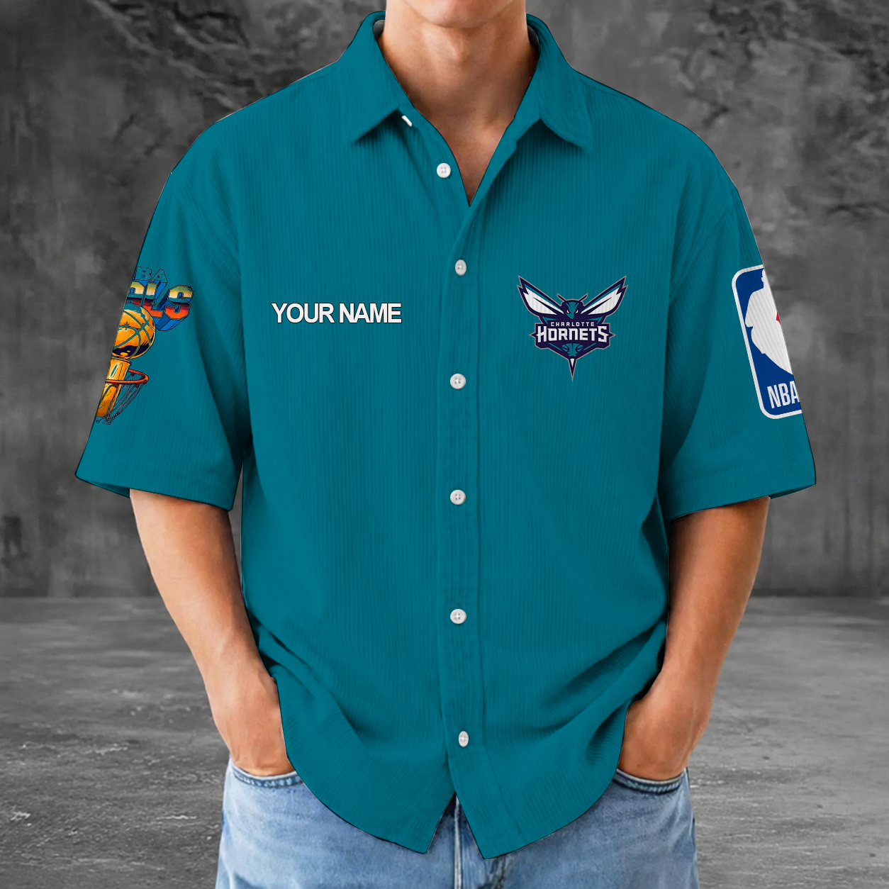 [HOT DEAL] NEW CUSTOMIZED NBA27 CHO CHARLOTTE HORNETS SEERSUCKER BUTTON SHIRT