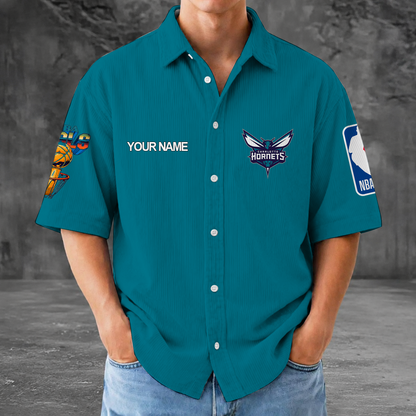 [HOT DEAL] NEW CUSTOMIZED NBA27 CHO CHARLOTTE HORNETS SEERSUCKER BUTTON SHIRT