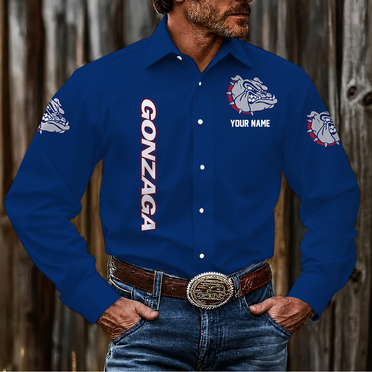 EXCLUSIVE EDITION - NEW CUSTOMIZED NCAA MAM27 GOB GONZAGA BULLDOGS MEN'S LONG SLEEVE BUTTON-UP SHIRT