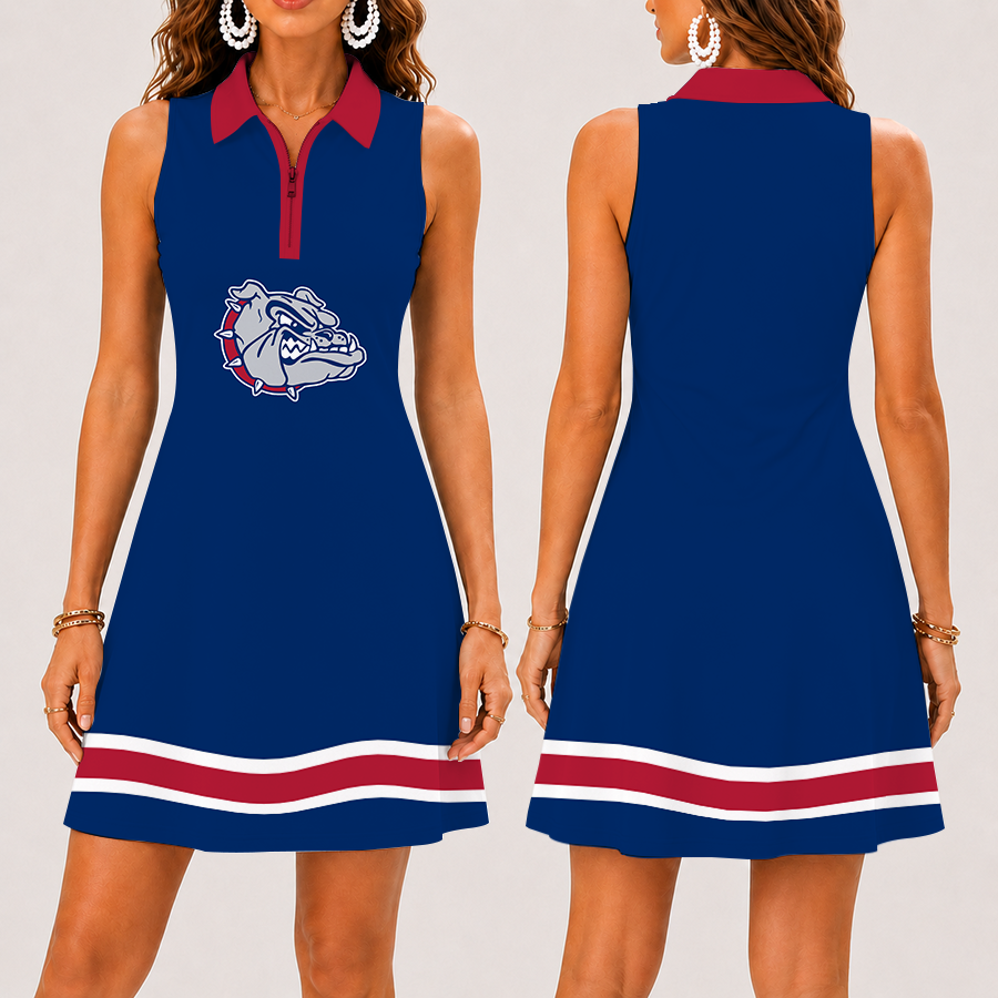 [FAN FAVORITE] NEW CUSTOMIZED NCAA MAM27 GOB GONZAGA BULLDOGS STRAPPY WOMEN'S ZIP SLEEVELESS POLO DRESS