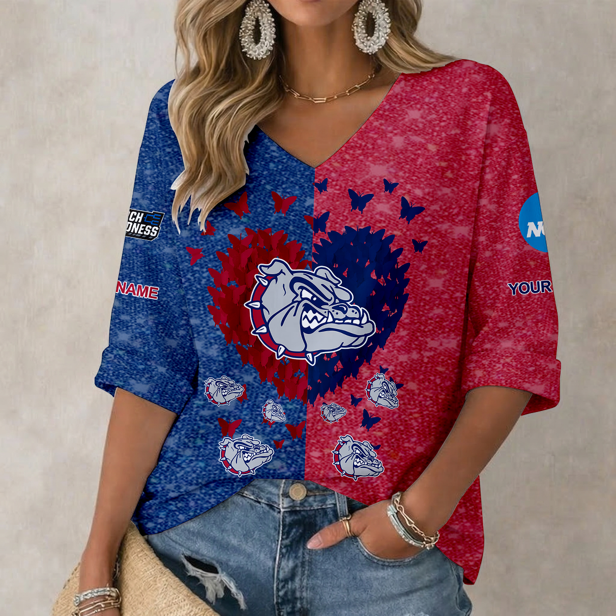 LIMITED EDITION - NEW CUSTOMIZED NCAA MAM27 GOB GONZAGA BULLDOGS WOMEN'S HEART V-NECK LONG SLEEVE SHIRT