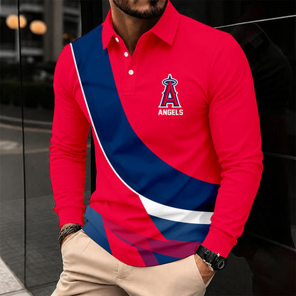 [FLASH SALE] NEW CUSTOMIZED MLB27 LAA LOS ANGELES ANGELS MEN'S LONG SLEEVE POLO