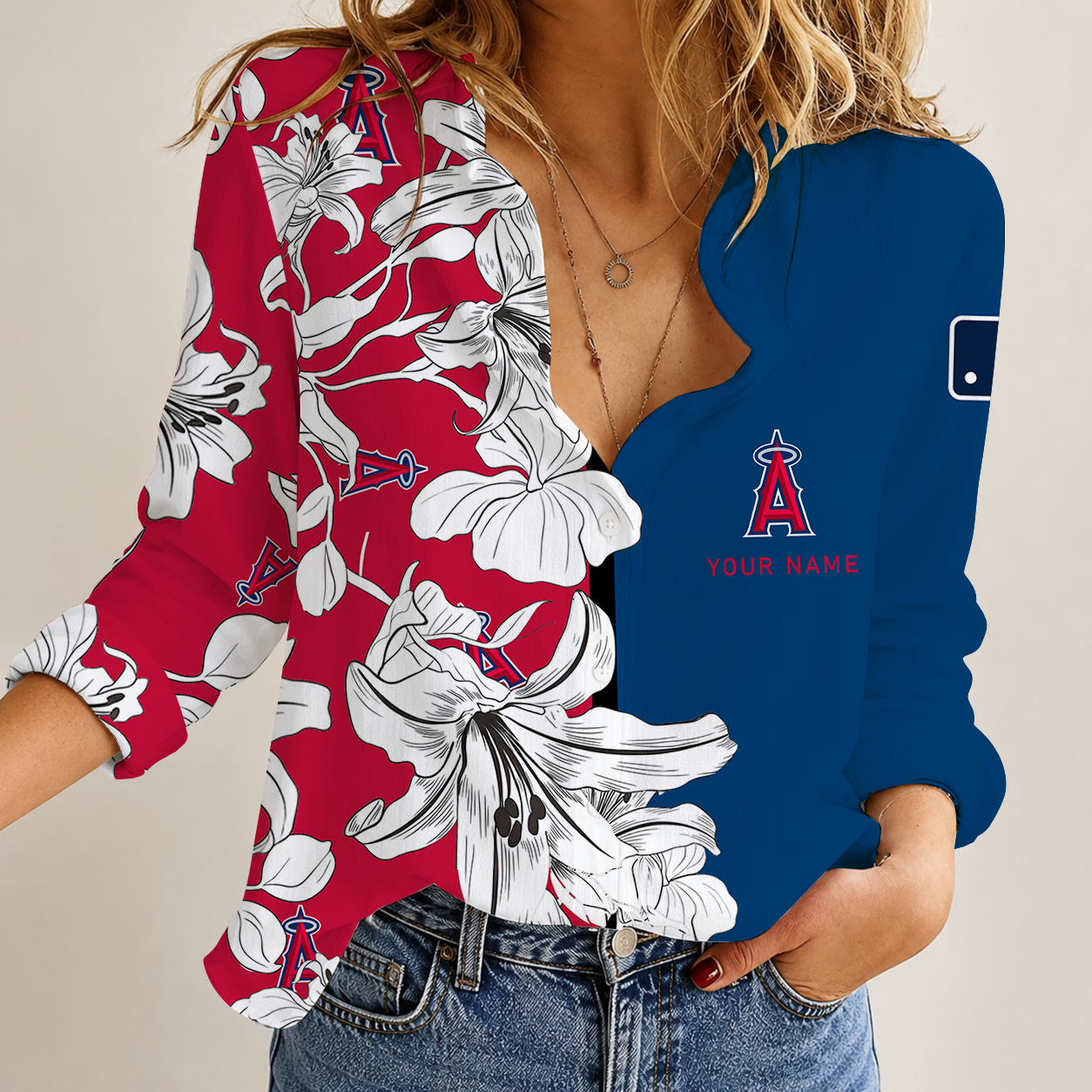 [FLASH SALE] NEW CUSTOMIZED MLB27 LAA LOS ANGELES ANGELS WOMEN CASUAL SHIRT
