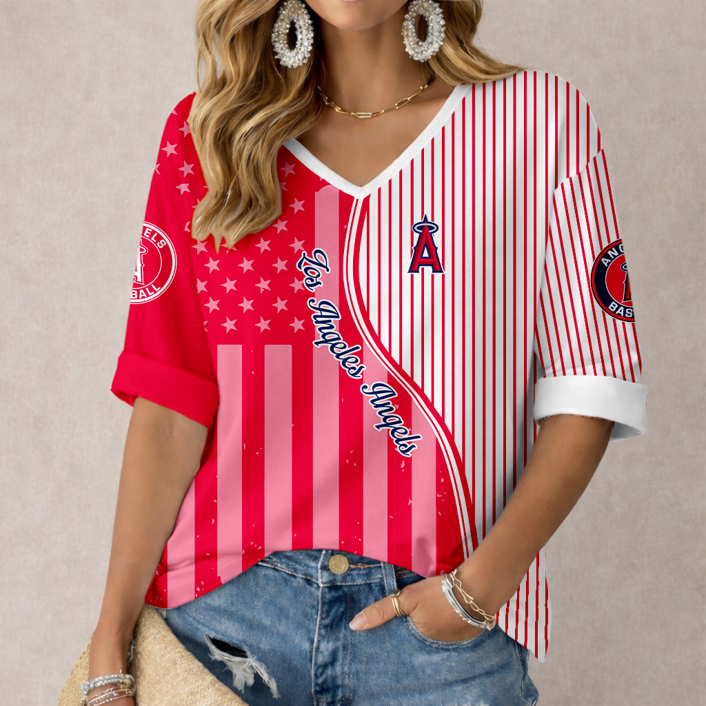 ELITE EDITION - NEW CUSTOMIZED MLB27 LAA LOS ANGELES ANGELS WOMEN'S HEART V-NECK LONG SLEEVE SHIRT