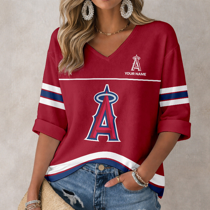 LIMITED EDITION - NEW CUSTOMIZED MLB27 LAA LOS ANGELES ANGELS WOMEN'S HEART V-NECK LONG SLEEVE SHIRT