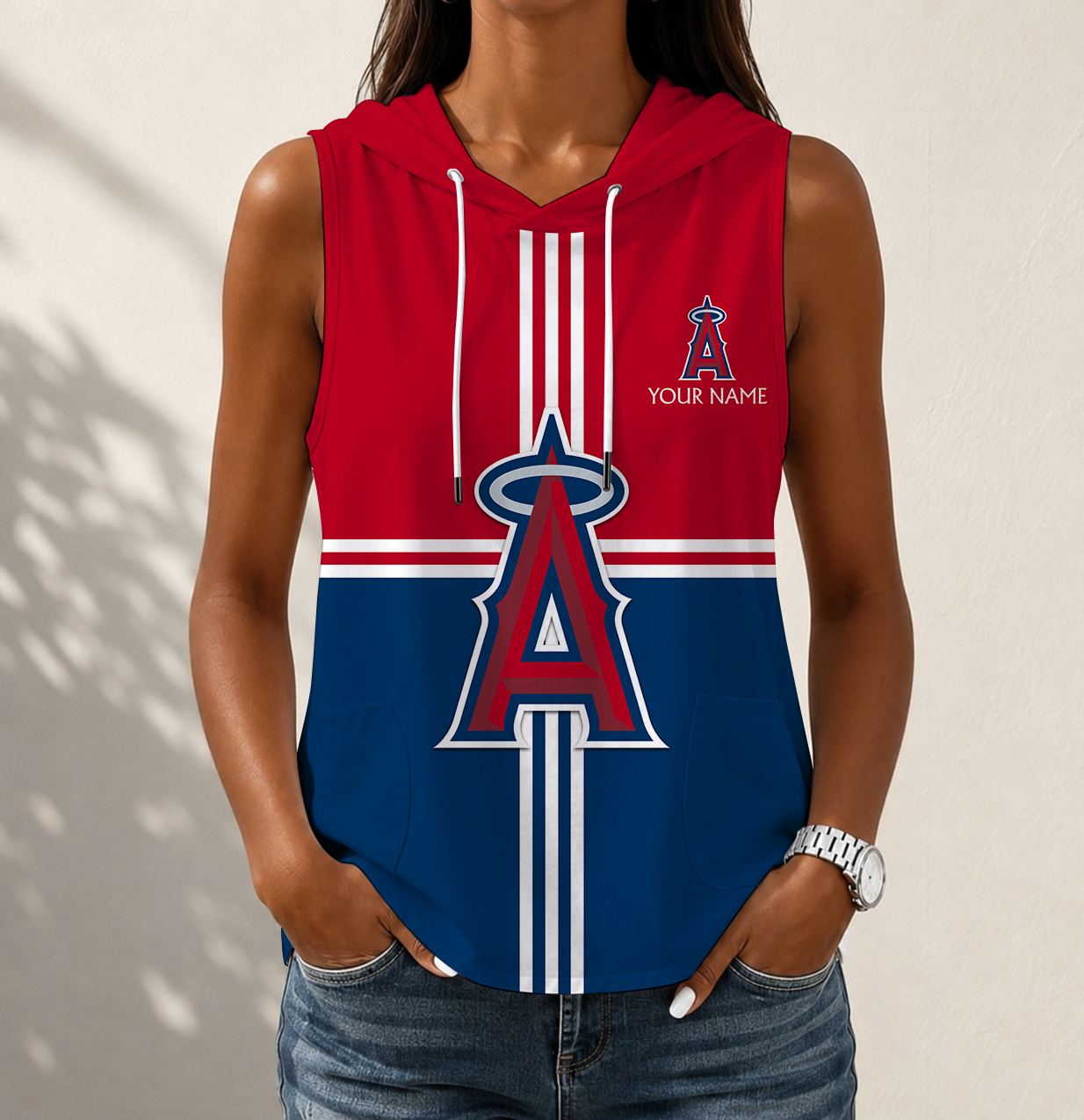 LIMITED EDITION - NEW CUSTOMIZED MLB27 LAA LOS ANGELES ANGELS WOMEN'S SLEEVELESS HOODED POCKET TANK TOP