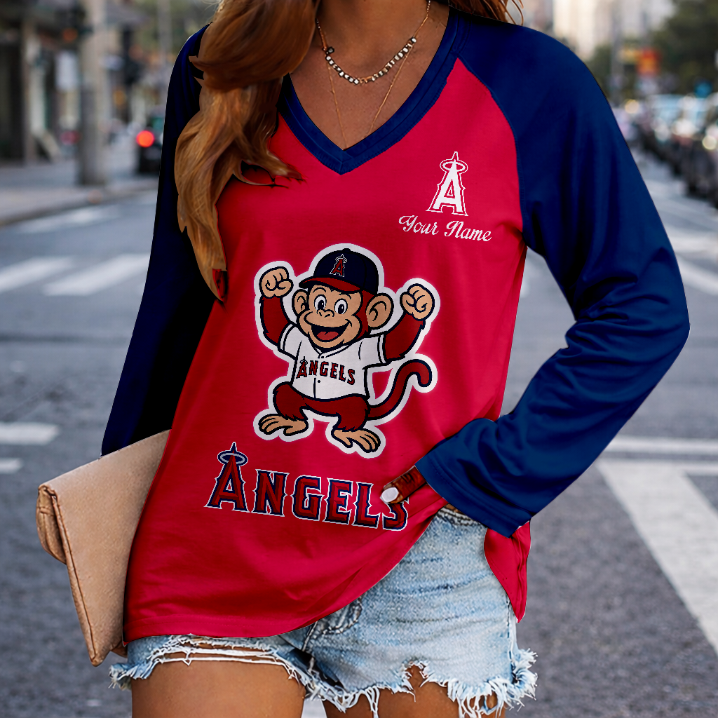 LIMITED EDITION - NEW CUSTOMIZED MLB27 LAA LOS ANGELES ANGELS WOMEN'S V-NECK LONG SLEEVED SHIRT