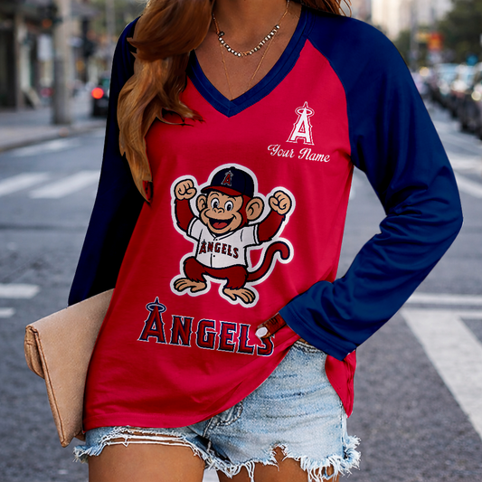 LIMITED EDITION - NEW CUSTOMIZED MLB27 LAA LOS ANGELES ANGELS WOMEN'S V-NECK LONG SLEEVED SHIRT