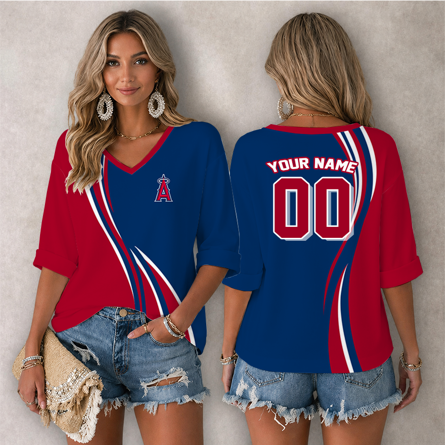 LIMITED EDITION - NEW CUSTOMIZED MLB27 LAA LOS ANGELES ANGELS WOMEN'S HEART V-NECK LONG SLEEVE SHIRT