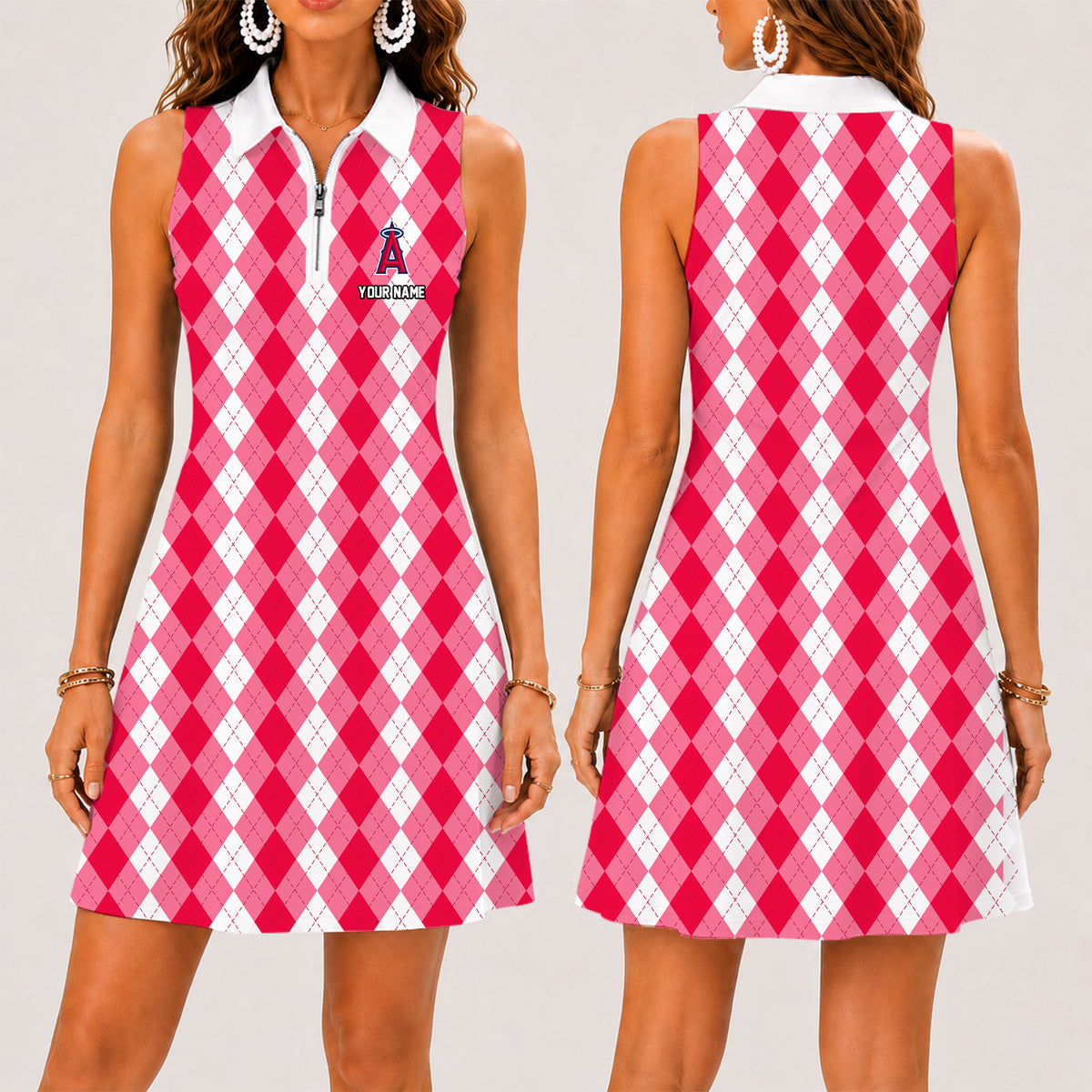 [FLASH SALE] NEW CUSTOMIZED MLB27 LAA LOS ANGELES ANGELS WOMEN'S ZIP SLEEVELESS POLO DRESS